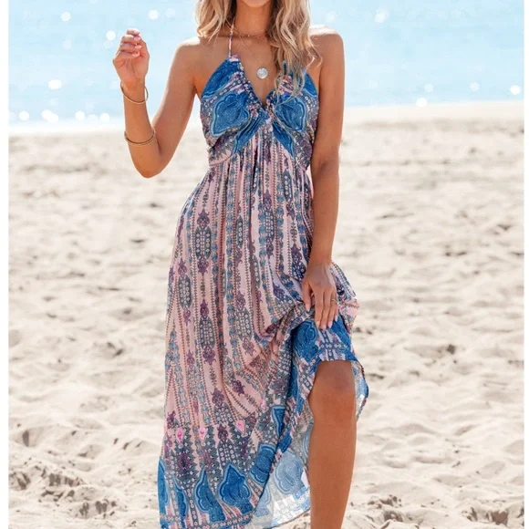 Cupshe | Dresses | Cupshe Blue And Pink Patterned Halter Maxi Dress |  Poshmark